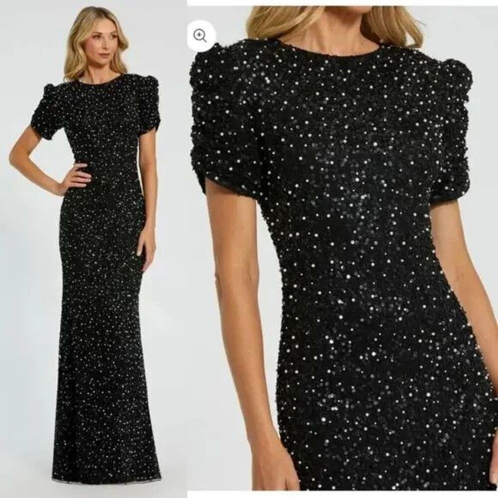 Mac Duggal 24003 Pearl Gathered Short Sleeve Long Maxi Gown Dress Black Sz 4
